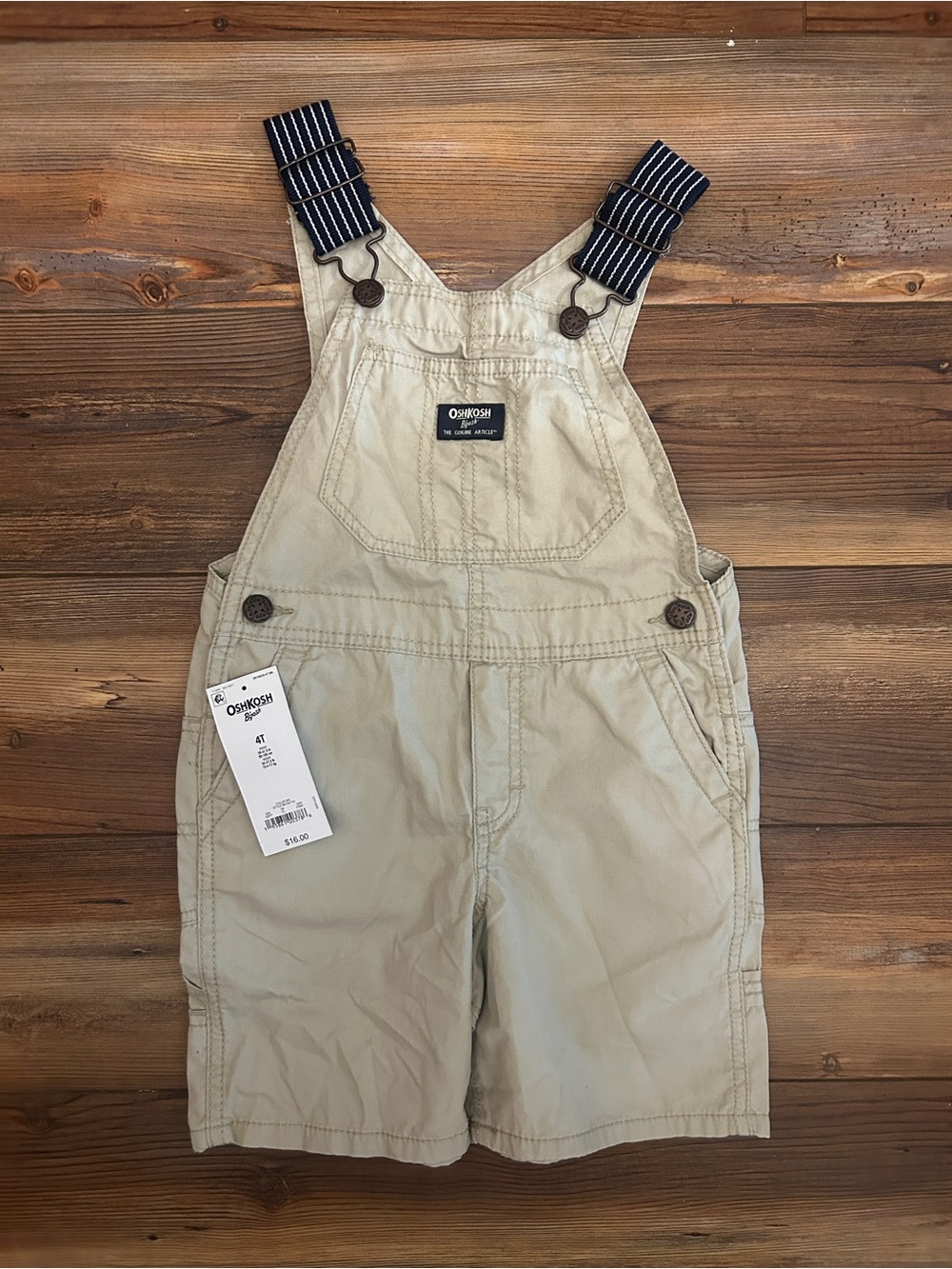 OshKosh B'gosh Khaki Shortalls with Navy Striped Straps